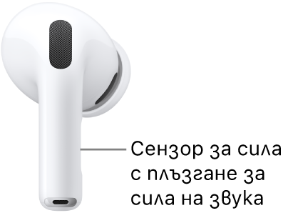 Разположението на сензора за сила с плъзгане за сила на звука на слушалки AirPods Pro 3, по протежение на удължената част на всяка една от вашите слушалки AirPods.