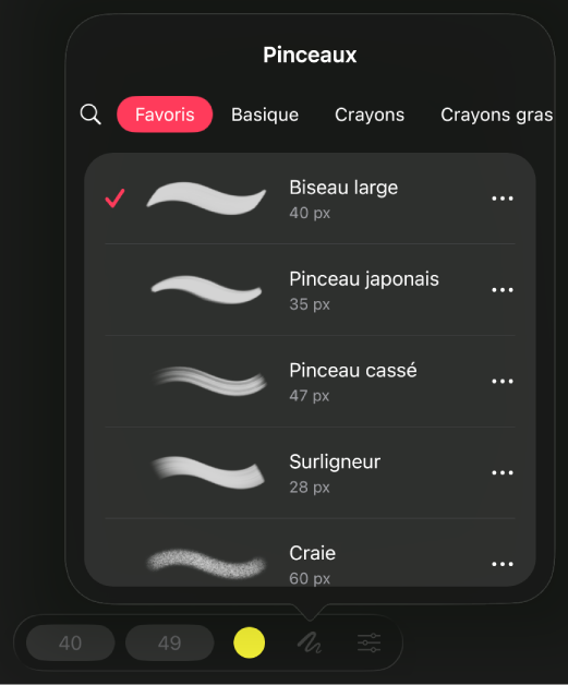 Le navigateur de pinceaux dans la sous-fenêtre Peinture qui affiche les catégories de pinceaux et les traits disponibles dans la catégorie actuellement sélectionnée.