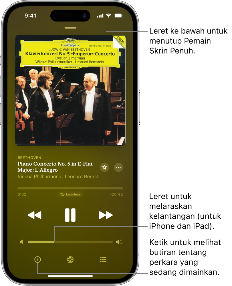 iPhone menunjukkan skrin Kini Dimainkan dalam Apple Music Classical. Di bahagian atas skrin ialah bar kelabu yang anda ketik untuk menyembunyikan skrin Kini Dimainkan dan bertukar kembali kepada Pemain Mini. Di bawah bar ialah karya seni album, nama karya muzik dan garis masa, yang menunjukkan panjang trek dan tempoh masa yang telah berlalu. Di bahagian lebih bawah skrin ialah butang Langkau Ke Belakang, Jeda dan Langkau ke Depan, kawalan kelantangan dan butang Info, AirPlay serta Main Seterusnya.