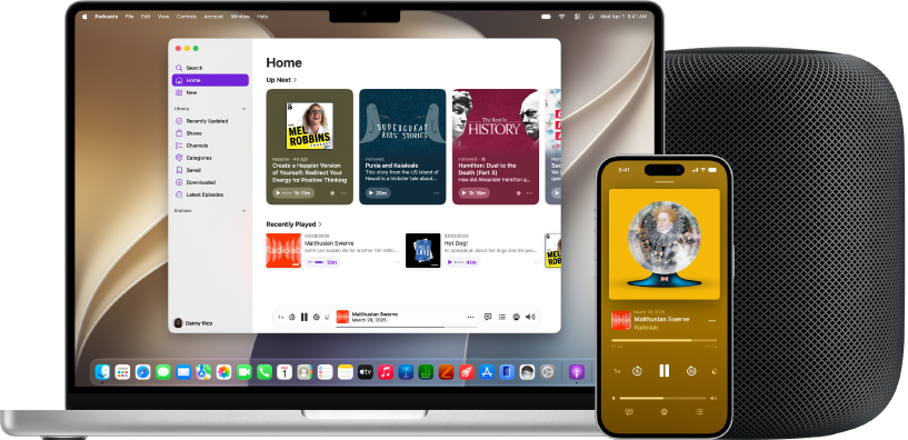 The Apple Podcasts app on a Mac and iPhone, with a HomePod in the background.