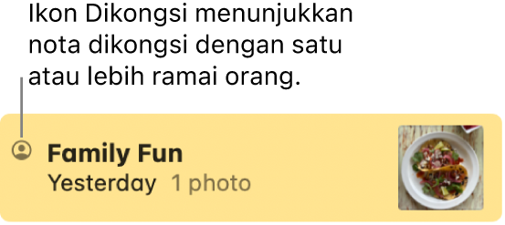Nota yang telah dikongsi dengan orang lain, dengan ikon Dikongsi di sebelah kiri nama nota.