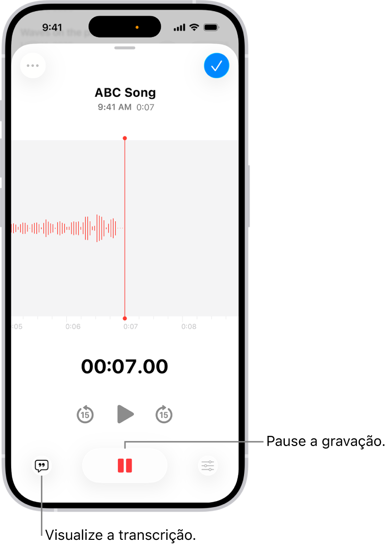 Gravação no app Gravador, mostrando a forma de onda da gravação que está em andamento, além de um indicador de tempo e um botão para pausar a gravação.
