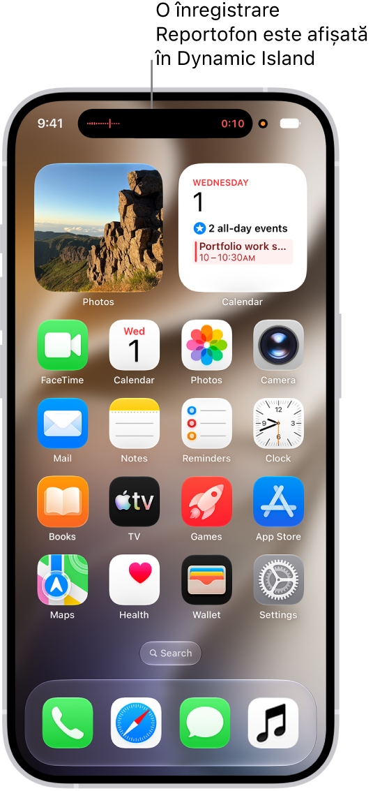 Ecranul principal al unui iPhone, afișând o înregistrare Reportofon în Dynamic Island.