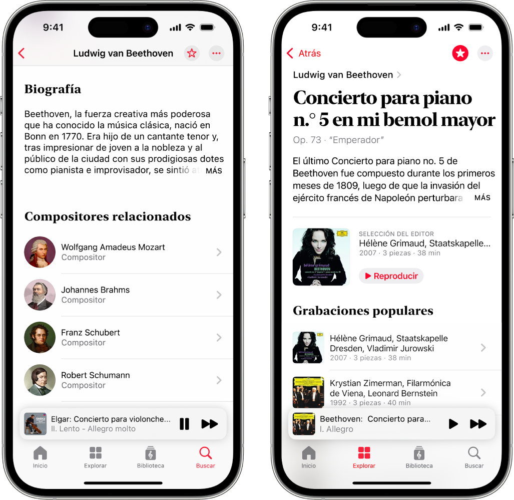 Dos dispositivos iPhone mostrando información sobre la música clásica. El primero muestra la biografía de un compositor en la parte superior de la pantalla. El segundo muestra el nombre de una obra y una descripción de esta.