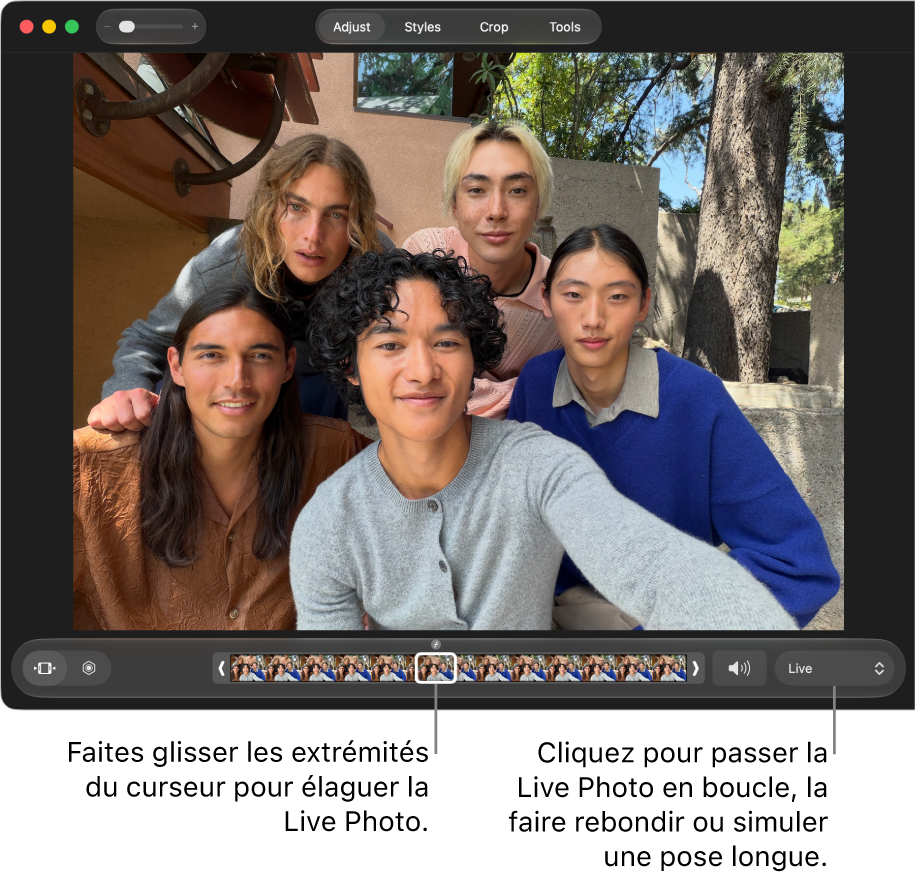 Une Live&nbsp;Photo en mode édition avec un curseur présentant les images de la photo. À droite du curseur se trouvent le bouton Haut-parleur et un menu local que vous pouvez utiliser pour ajouter un effet de boucle, de rebond ou de pose longue.
