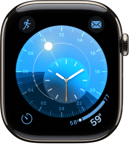 The Solar Dial watch face with a round dial that indicates the position of the sun. An inner dial displays the analog time. There are four complications shown: Moon at the top left, Calendar at the top right, Workout at the bottom left, and Music Recognition at the bottom right.