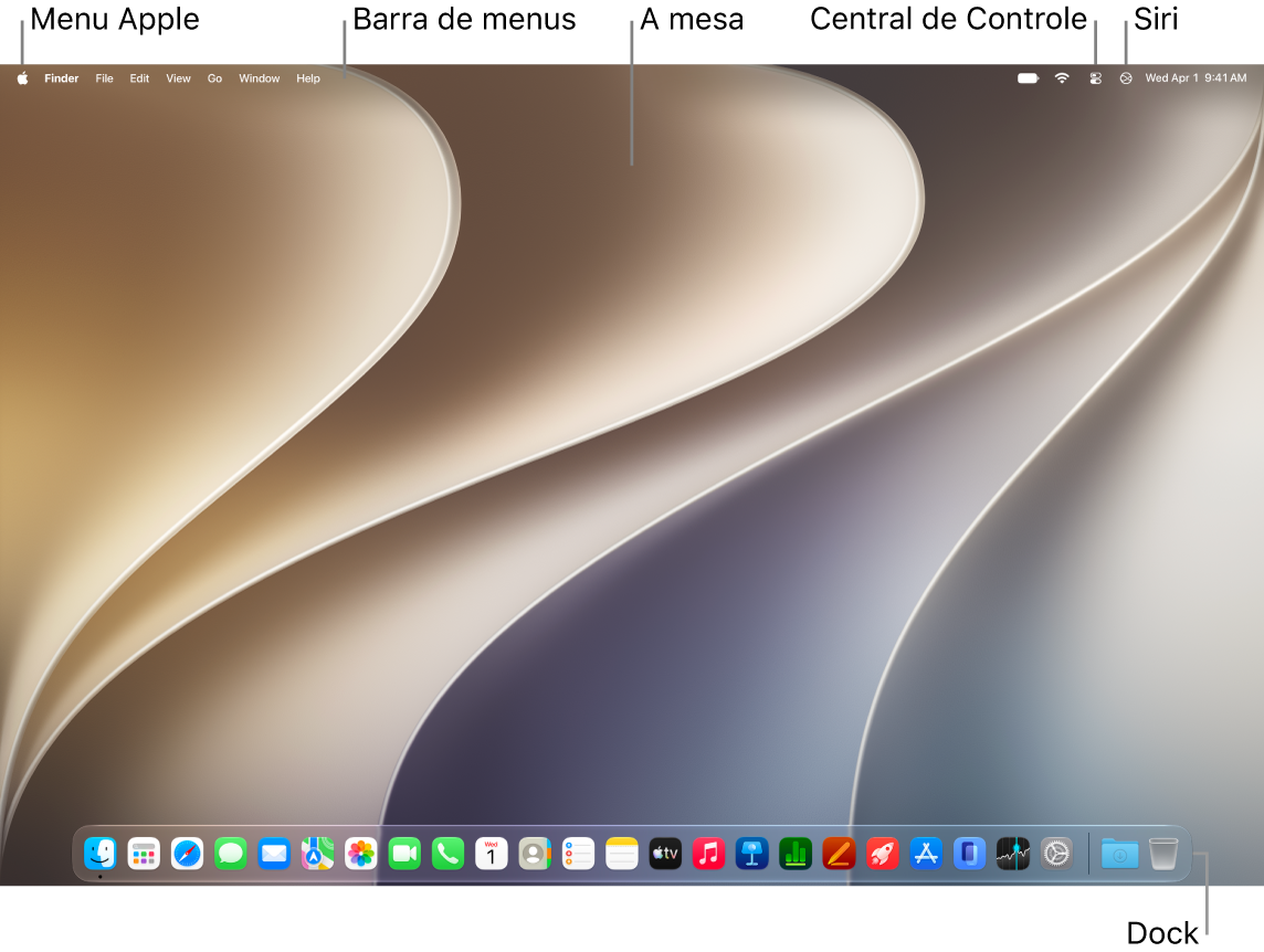 A mesa de um Mac com a barra de menus na parte superior da tela e o Dock na parte inferior.