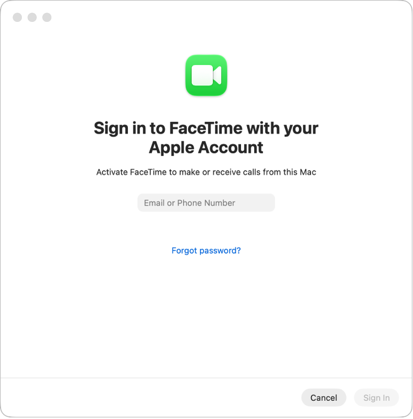 The FaceTime sign in window showing a field for entering an email address or phone number.