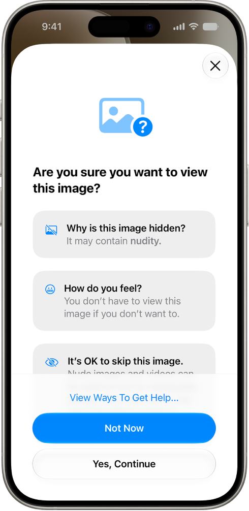 The Communication Safety screen warning a child of detected nudity with options to get help.