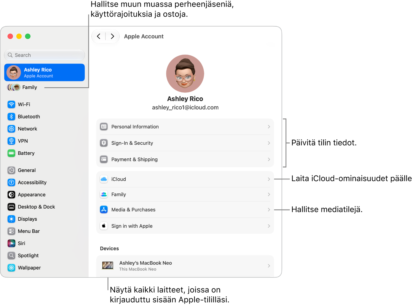 Järjestelmäasetusten Apple-tili-asetukset ja selitteet tilin tietojen päivittämiseen, iCloud-ominaisuuksien laittamiseen päälle tai pois päältä sekä mediatilien hallintaan. Lisäksi Perhe-asetukset, joissa voit hallita perheenjäseniä, käyttörajoituksia, ostoja ja muita ominaisuuksia.