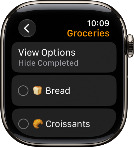 L’app Rappels affichant une liste de courses.