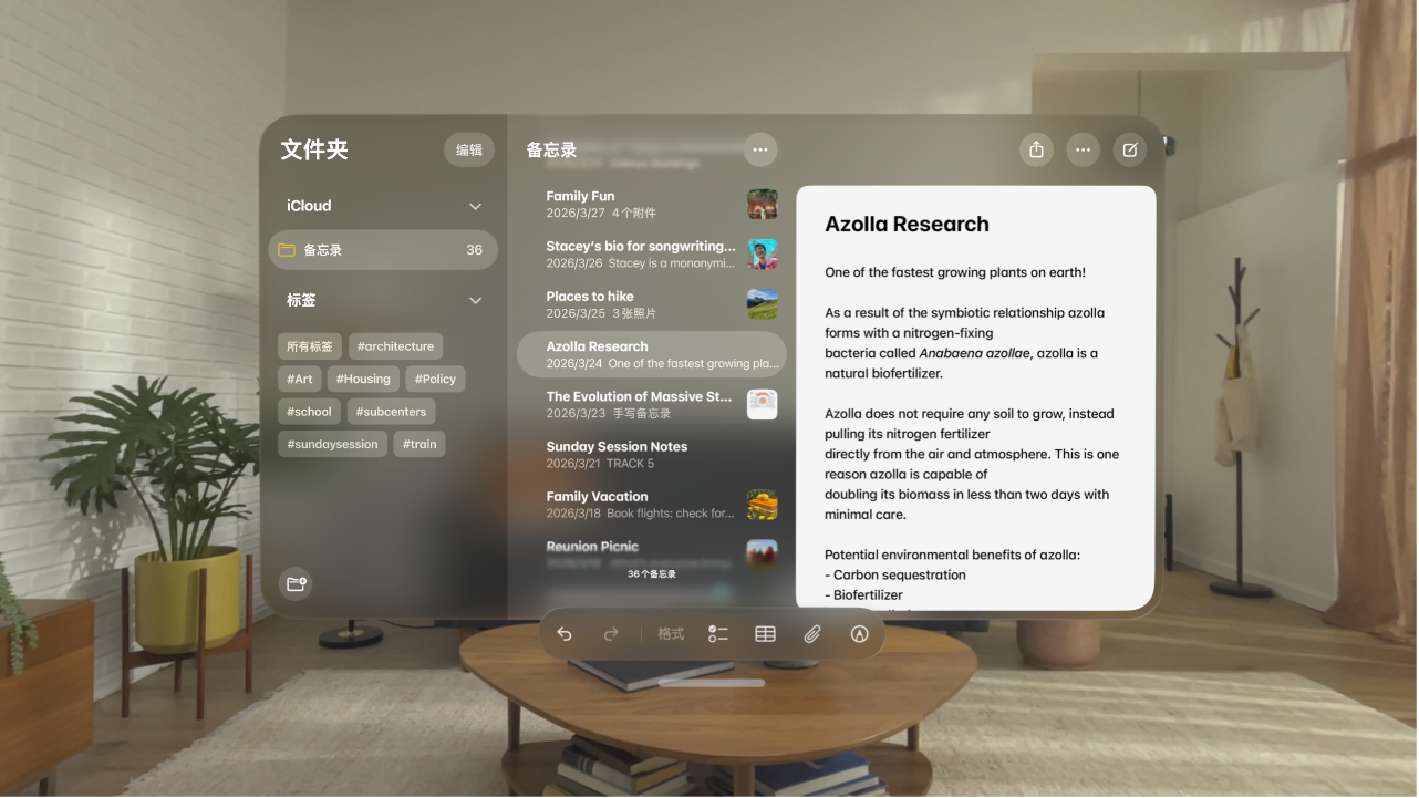 Apple&nbsp;Vision&nbsp;Pro 上的“备忘录” App，在底部显示打开的备忘录和工具栏，其中包含用于核对清单、表格、照片和涂鸦的选项。