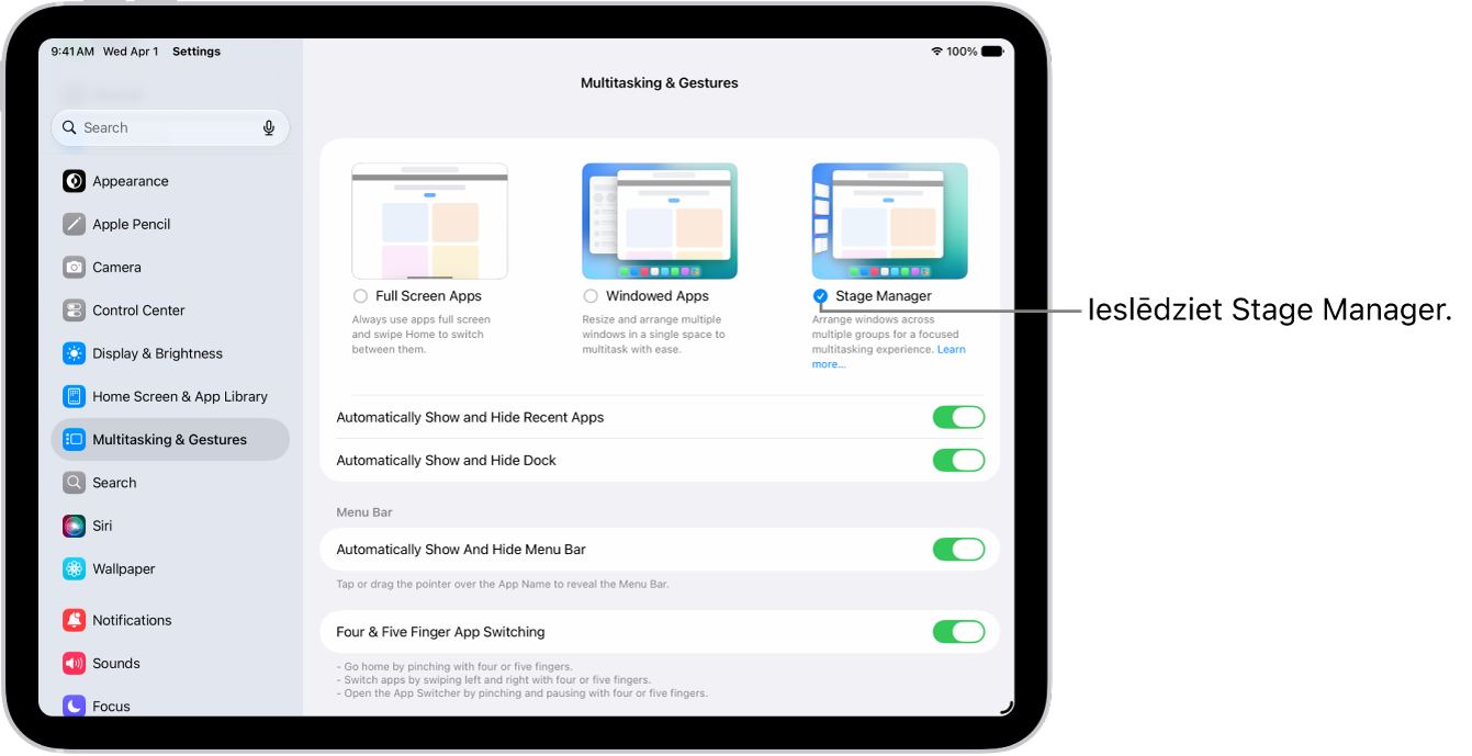 iPad lietotne Settings, kurā redzamas opcijas Multitasking & Gestures, ko varat izvēlēties darbam vairākās lietotnēs.