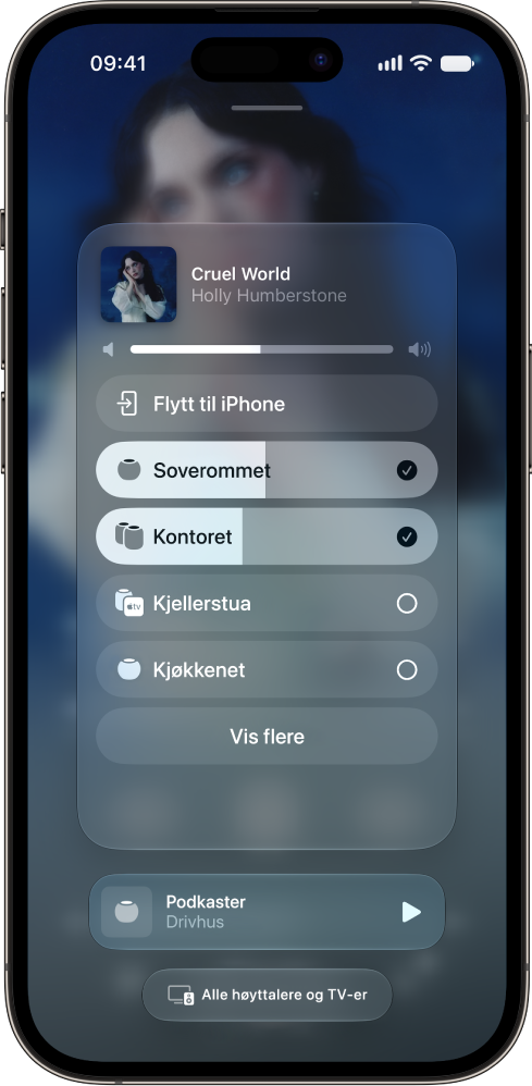 En AirPlay-skjerm som viser flere høyttalere som lydmål.