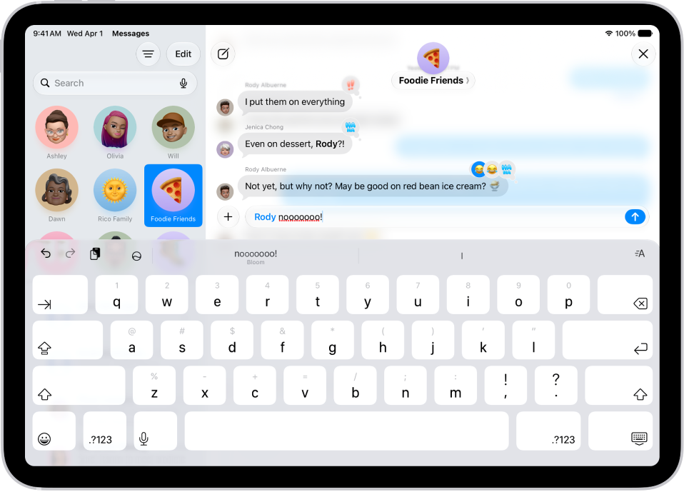 Composing an inline reply in a group conversation in Messages. Another person in the conversation is mentioned, so their name appears in blue, bold text.