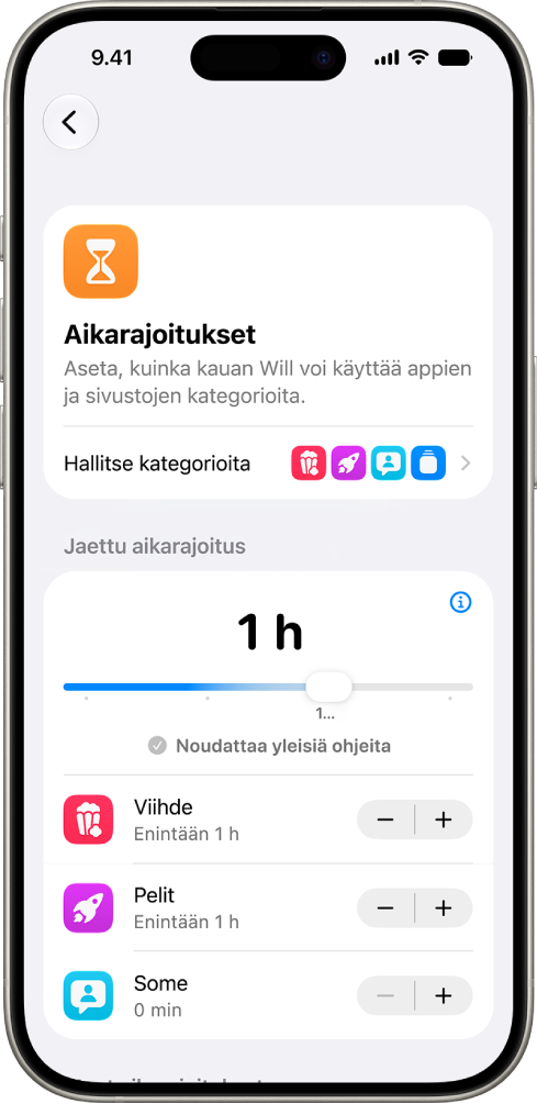 Ruutuaika-asetusten Aikarajoitukset-näyttö, jossa näkyy Viihde-, Pelit- ja Sosiaalinen media -kategorioiden apeille sallittu aika.
