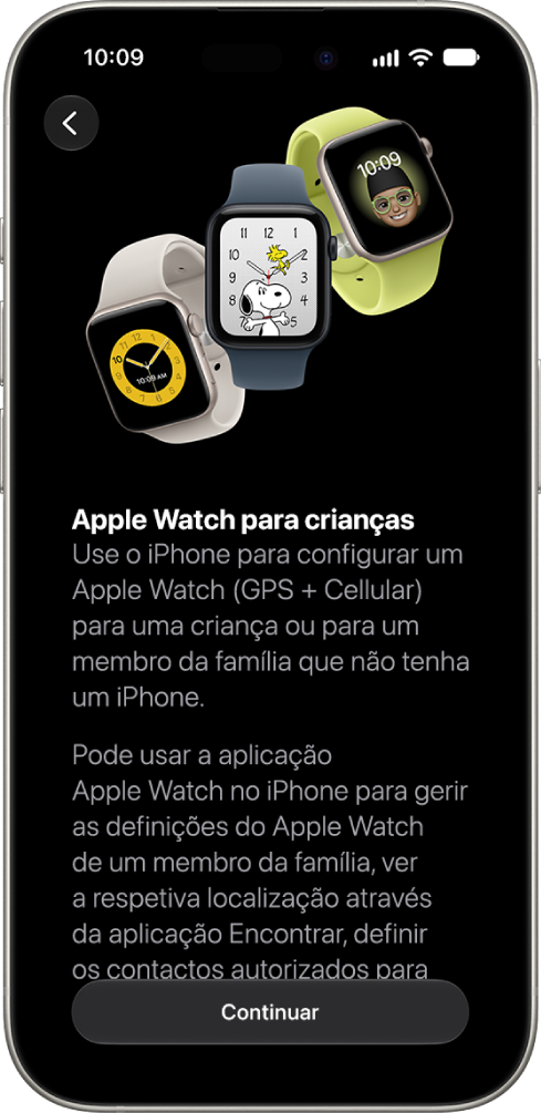 O ecrã “Configurar um Apple&nbsp;Watch para a criança” a mostrar a opção para continuar a configuração.