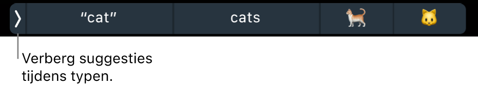 Suggesties voor woorden en emoji's, met aan de linkerkant de knop om de suggesties tijdens het typen te verbergen.