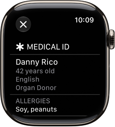The Medical ID screen showing the person’s name, age, language, organ donor status, and emergency contacts.