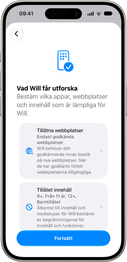 Inställningsskärmen för föräldrakontroller med alternativ för vilken typ av innehåll som kan kommas åt, t.ex. appar och webbplatser.