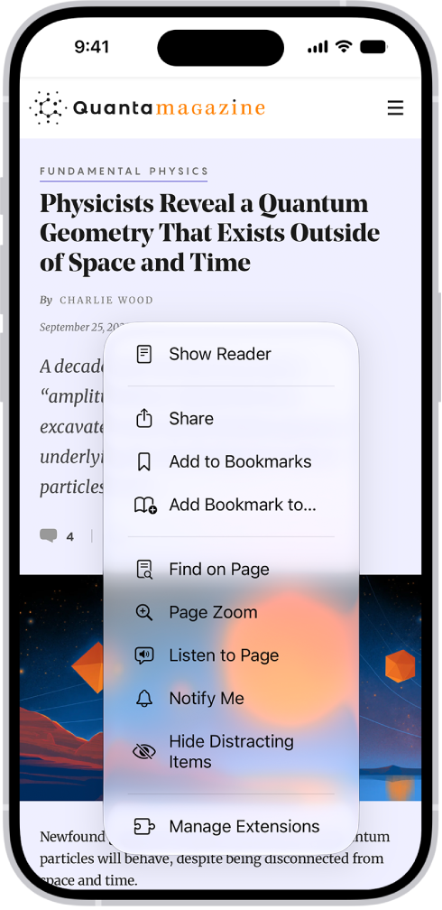 The Bookmarks screen, with options to see your bookmarks, the Reading List, and your browsing history.