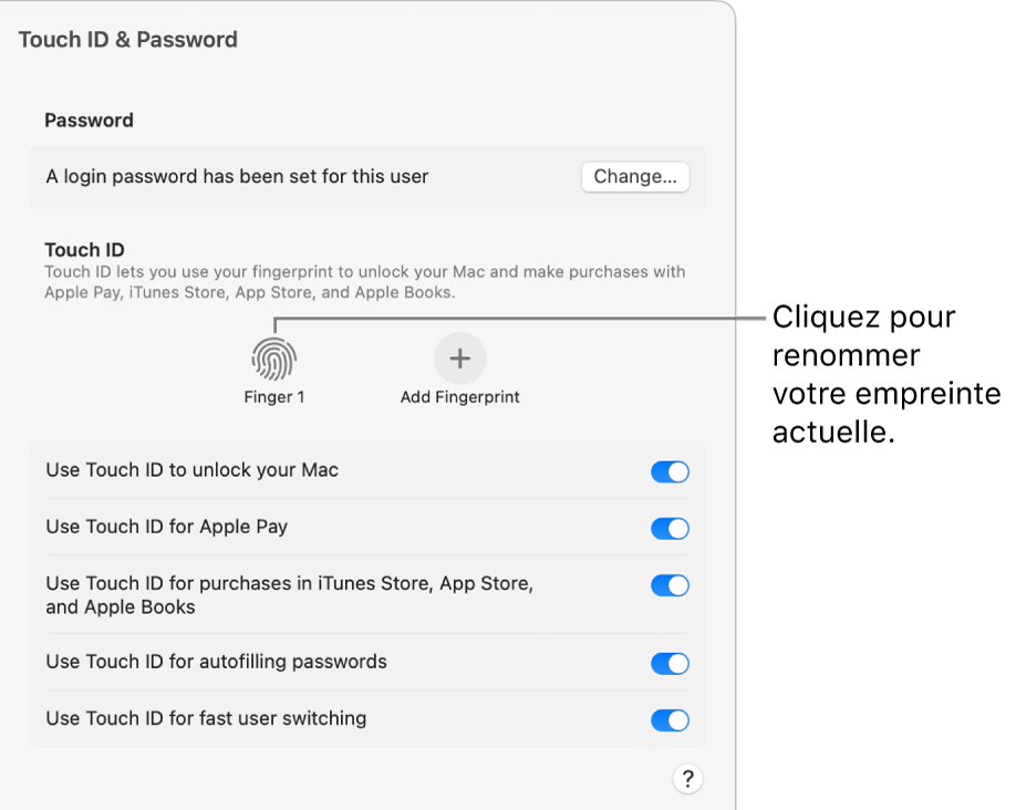 Les réglages de Touch&nbsp;ID et mot de passe qui indiquent qu’une empreinte est prête à être utilisée pour déverrouiller le Mac.