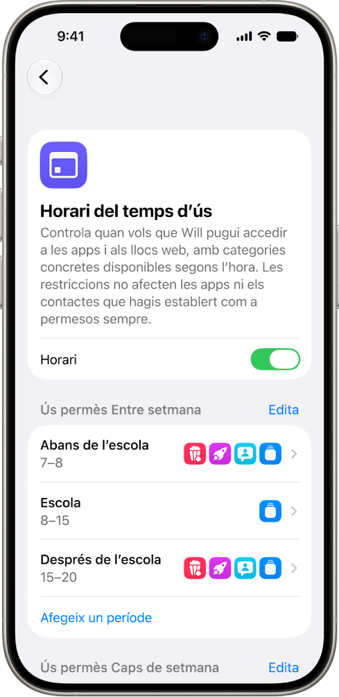 Al tauler de l’horari del temps d’ús de la configuració del temps d’ús es mostra l’horari d’un infant amb els períodes permesos abans de l’escola, durant l’escola i després de l’escola.