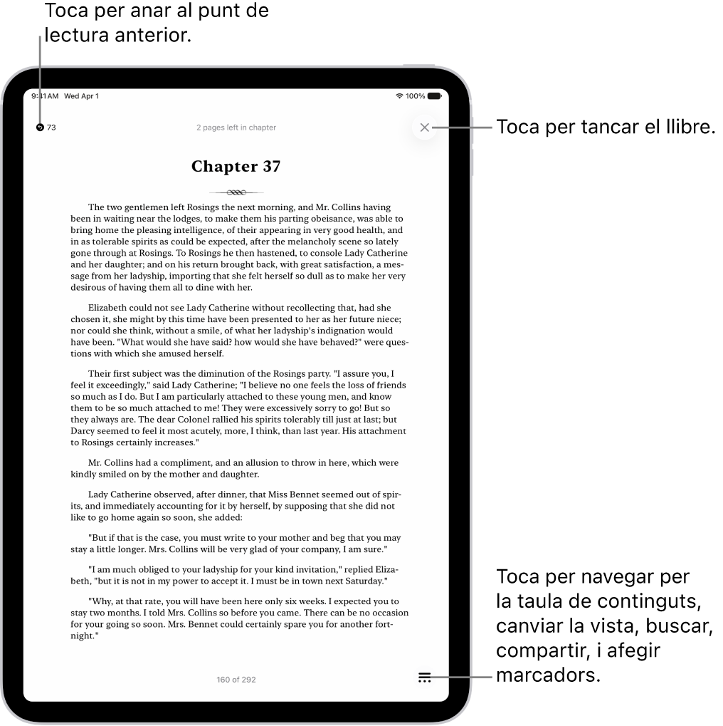 Pàgina d’un llibre a l’app Llibres. A la part superior de la pantalla hi ha els botons per tornar a la pàgina on has començat a llegir i per tancar el llibre. A la part inferior dreta de la pantalla, hi ha el botó “Menú”.