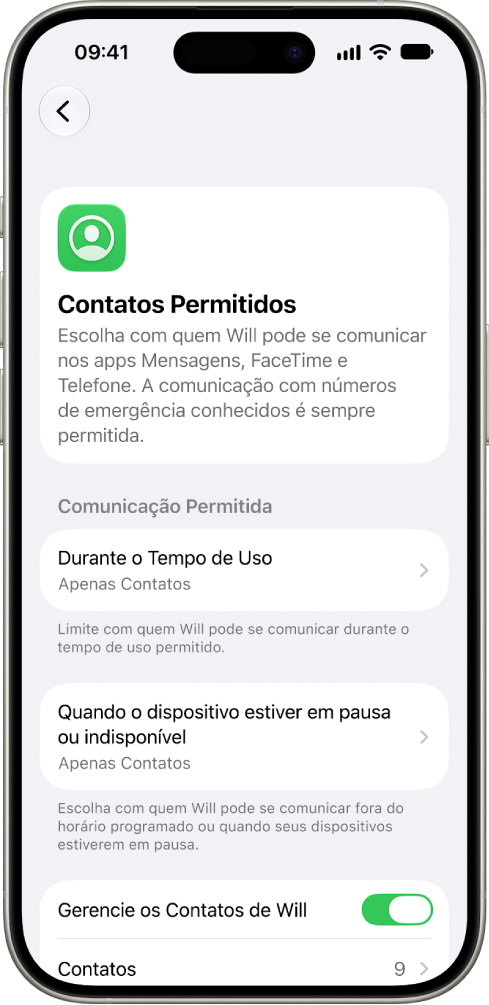 A tela Contatos Permitidos nos ajustes do Tempo de Uso, mostrando opções para comunicação permitida durante o Tempo de Uso, comunicação permitida quando os dispositivos estão em pausa e gerenciamento de contatos.