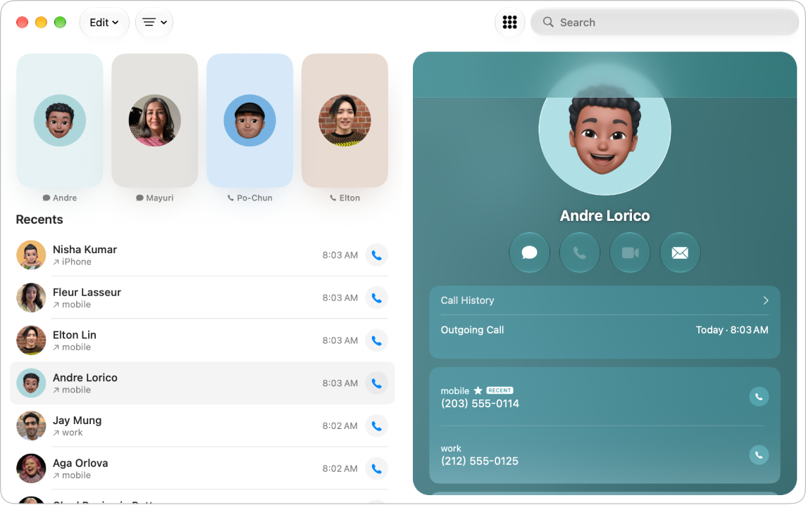 The Phone app with Recent calls on the left and a contact on the right.