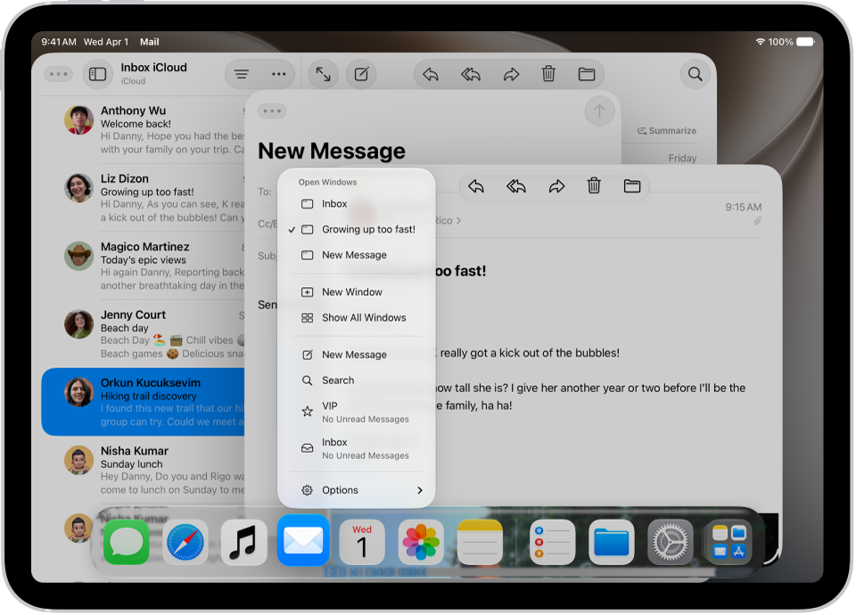 An iPad screen with open windows for the Mail app and showing the app menu for the app in one of the windows.