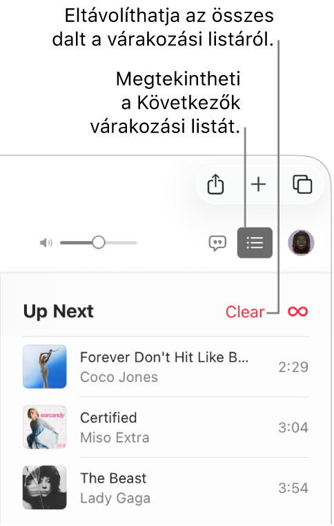 Az Apple Music jobb felső sarkában ki van jelölve a Következők gomb, és megjelenik a dalok listája. A lista tetején található Törlés linkre kattintva eltávolíthatja az összes zenét a listából.