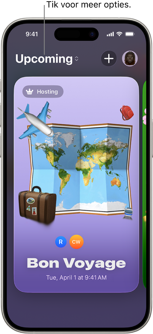 Een scherm in de app Uitnodigingen met een aankomend evenement.