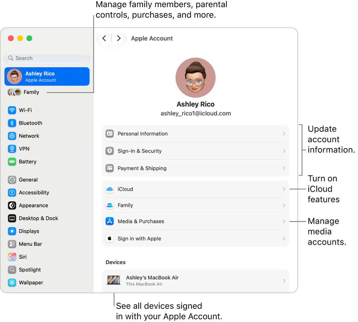 The Apple Account settings in System Settings with callouts to update account information, turn iCloud features on or off, manage media accounts, and adjust Family settings, where you can manage family members, parental controls, purchases, and more.