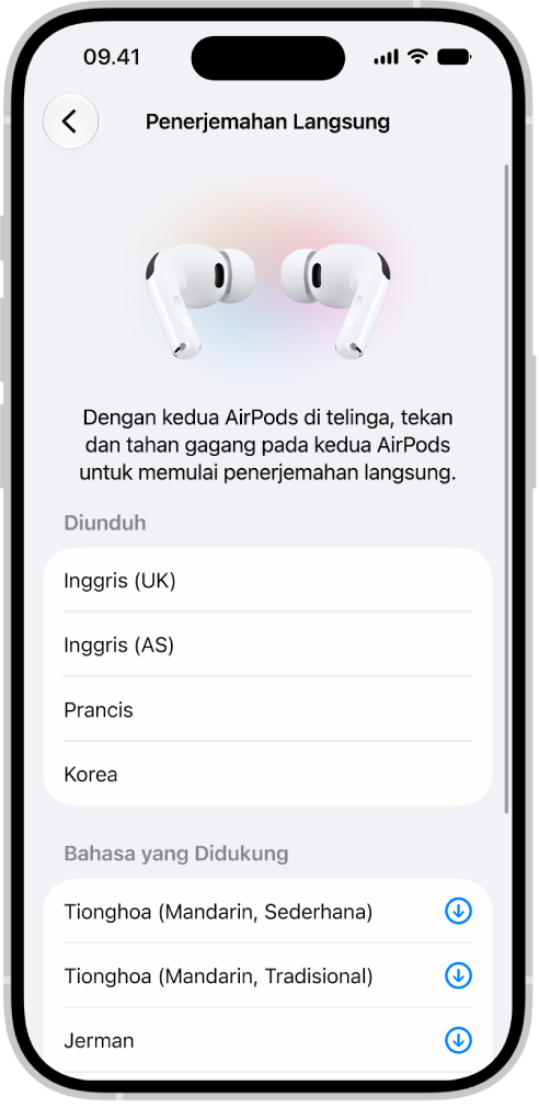 Layar Bahasa di pengaturan Terjemahkan AirPods menampilkan daftar bahasa yang diunduh dan didukung.