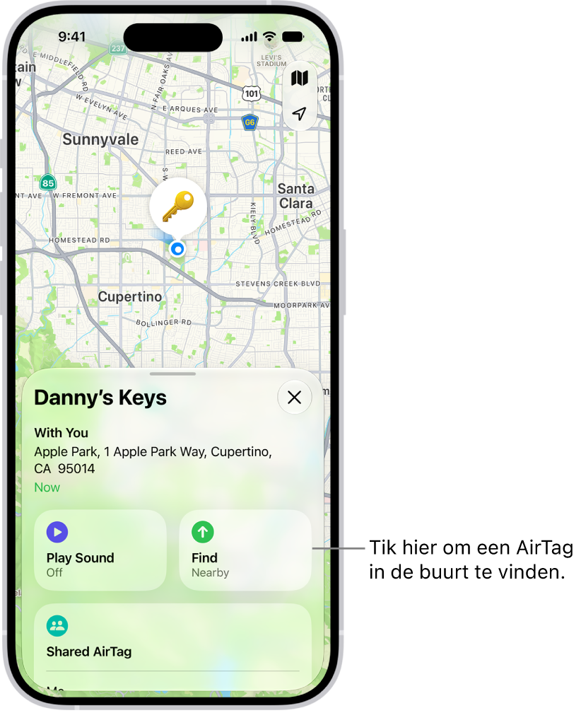 De Zoek&nbsp;mijn-app, waarin de sleutels van Dennis in Golden Gate Park te zien zijn. Tik op de knop 'Zoek' om een AirTag in de buurt terug te vinden.