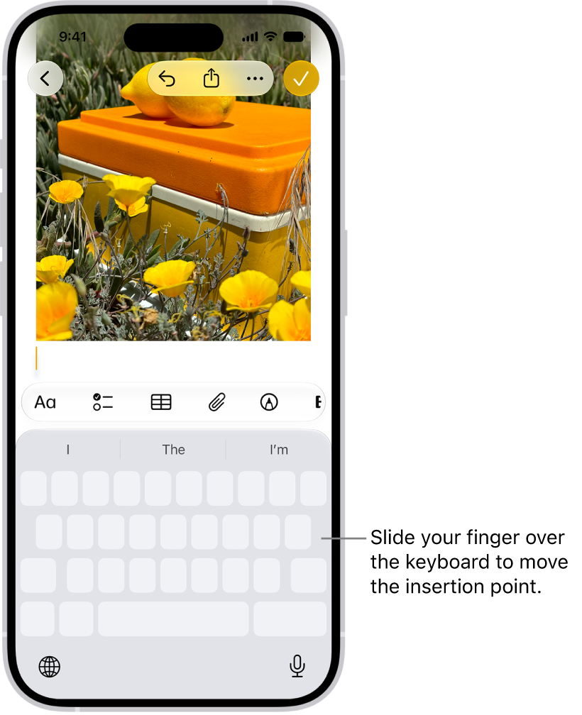 A document is open in the Notes app. The onscreen keyboard in the bottom half of the screen is in trackpad mode.