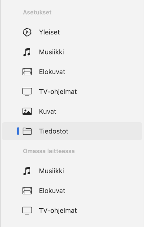 Sivupalkki, jossa on valittuna Tiedostot.