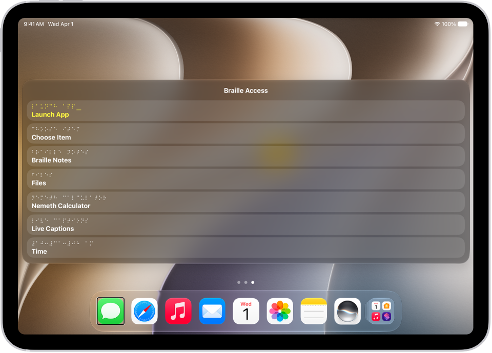 An iPad with the Braille Access menu open, showing the following options: Launch App, Choose Item, Braille Notes, BRF Files, UEB Calculator, Live Captions, and Time.