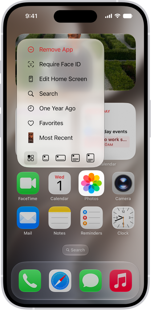 A screen showing changing an app icon into a widget on the Home Screen. You can touch and hold the app icon to open a list of options, and then tap small icons that represent widget sizes you can choose for the new widget.