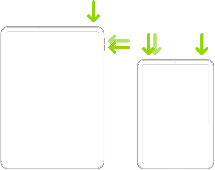 Two iPad models, each with a top button. One model has volume buttons on the side; the other has volume buttons at the top.