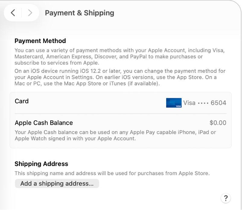 Apple&nbsp;Account settings showing the Payment & Shipping settings for an existing account.