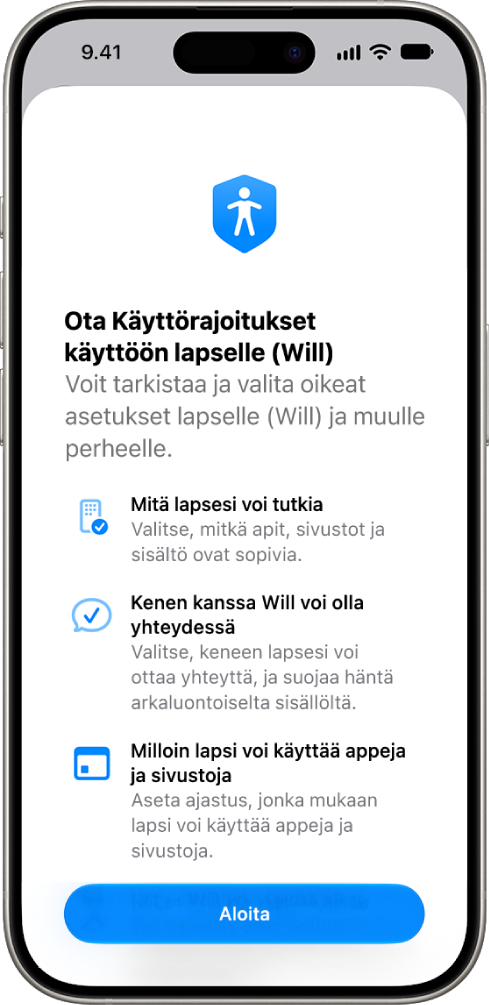 Käyttörajoitusten käyttöönottonäyttö, jossa on aloitusvaihtoehtoja.