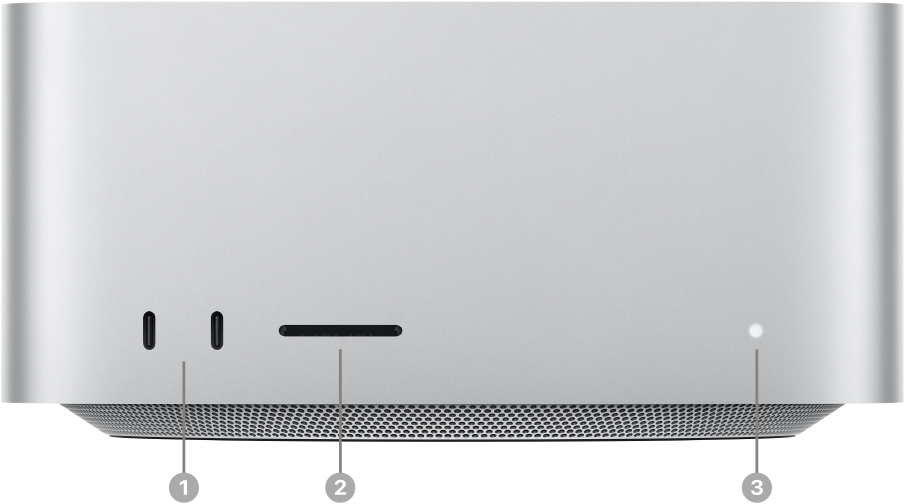 The front of Mac Studio showing two USB-C ports, the SDXC card slot, and the status indicator light.