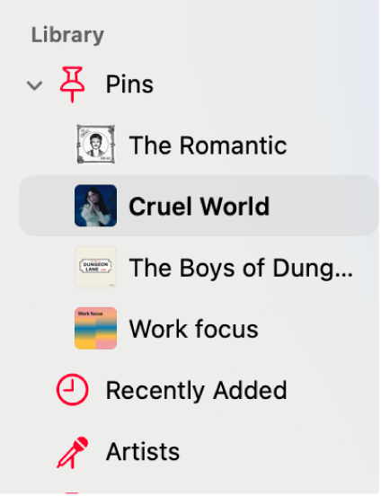 The Music sidebar showing pins (such as an album and a playlist) below Library.