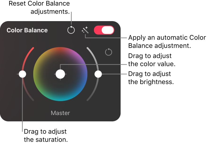 The Color Balance wheel control in the Color Adjustments pane.