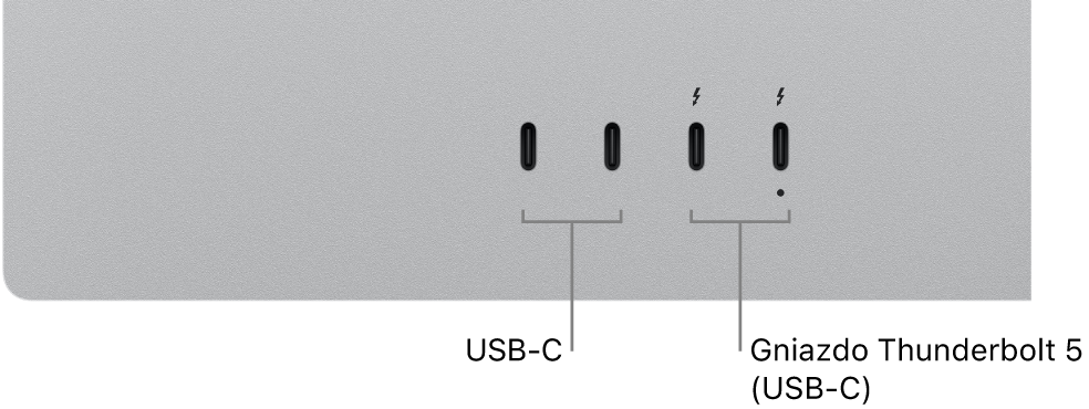 Zbliżenie tyłu obudowy Studio&nbsp;Display z&nbsp;widocznymi dwoma gniazdami USB‑C oraz dwoma gniazdami Thunderbolt&nbsp;5 (USB‑C).