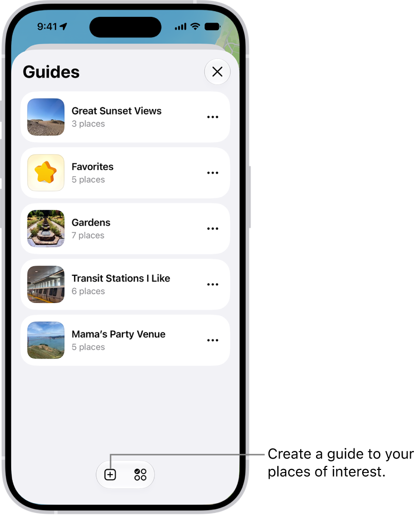 A list of several custom guides in Maps, including a Favorites category, and the New Guide button at the bottom right.