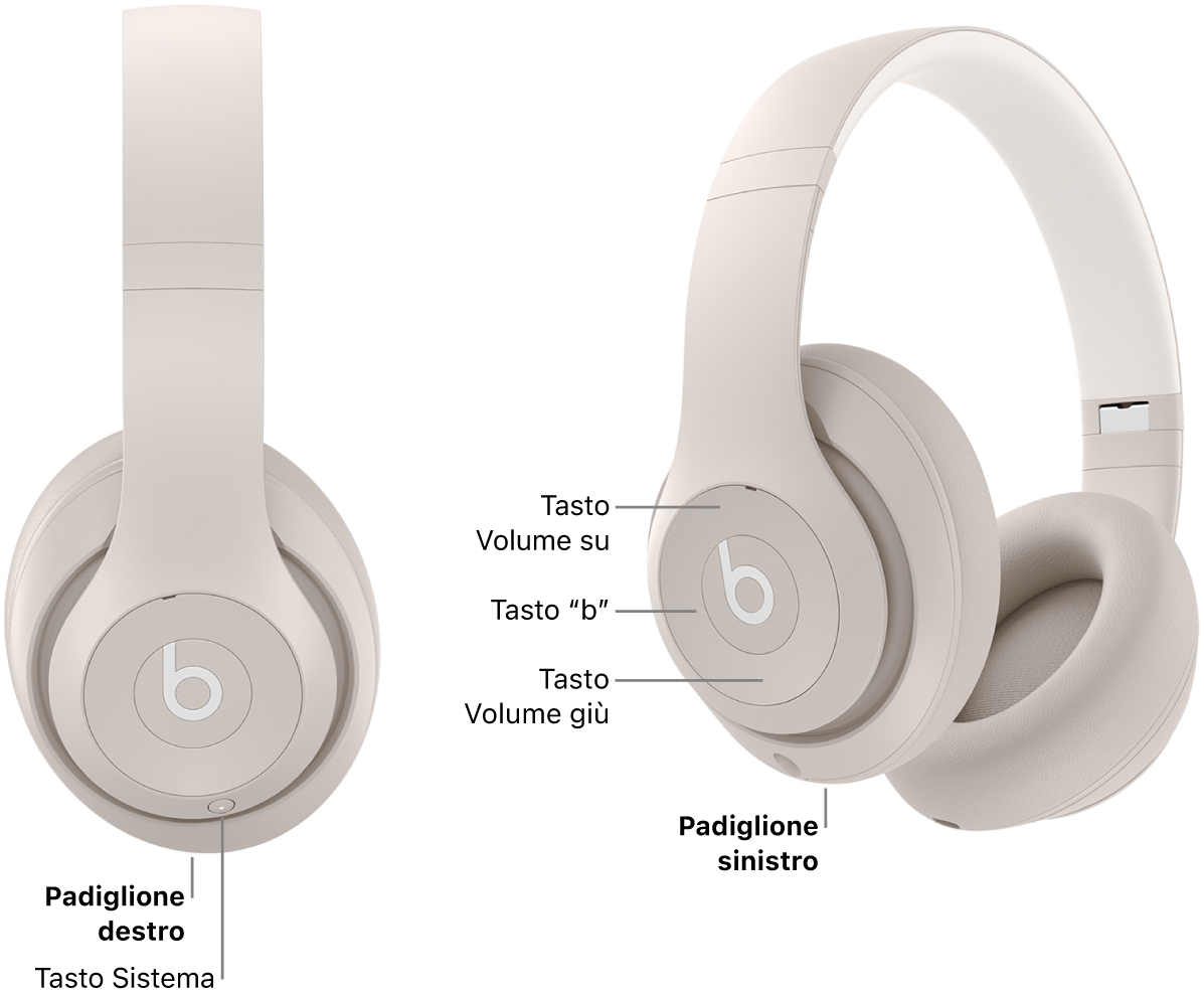 Immagine delle Beats&nbsp;Studio&nbsp;Pro che mostra la posizione del tasto Sistema sul padiglione destro e la posizione del tasto “b”, del tasto per alzare il volume e del tasto per abbassare il volume sul padiglione sinistro.
