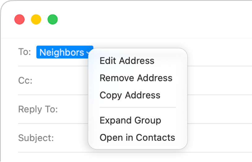 An email showing a list in the To field and the pop-up menu showing the Expand Group command.